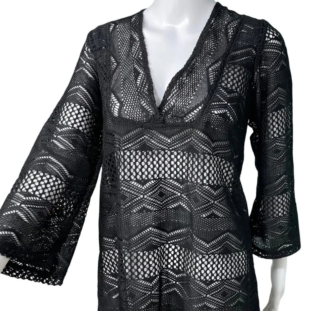 Black Crochet Knit V-Neck Swim Beach Cover Up Resortwear Dress Bell Sleeve - Picture 2 of 10